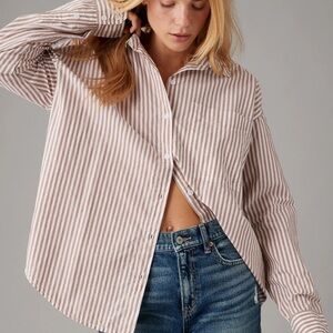 AEO women’s XL Pefect Button Up Shirt tan and white striped oversized fit